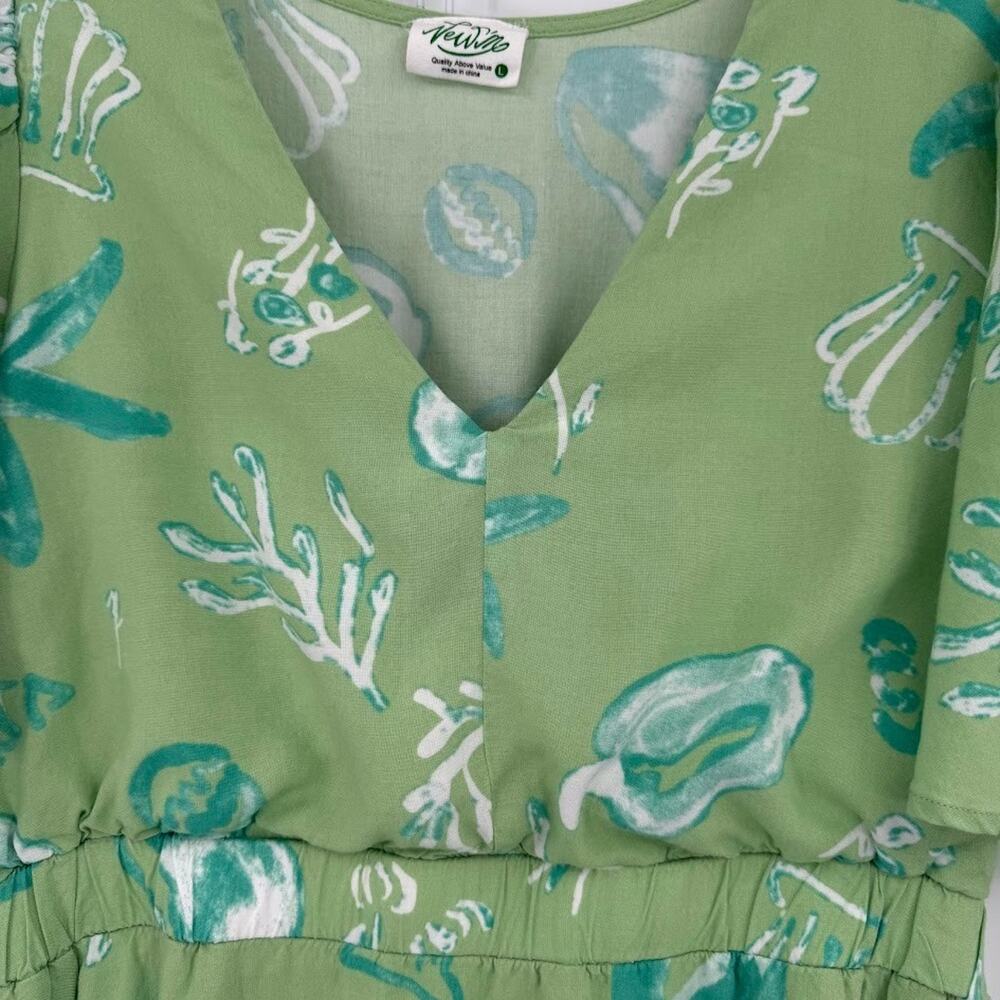 Vintage Sea Life Print Maxi Dress Women L Green Beach Coastal Flutter Sleeve - Picture 3 of 9